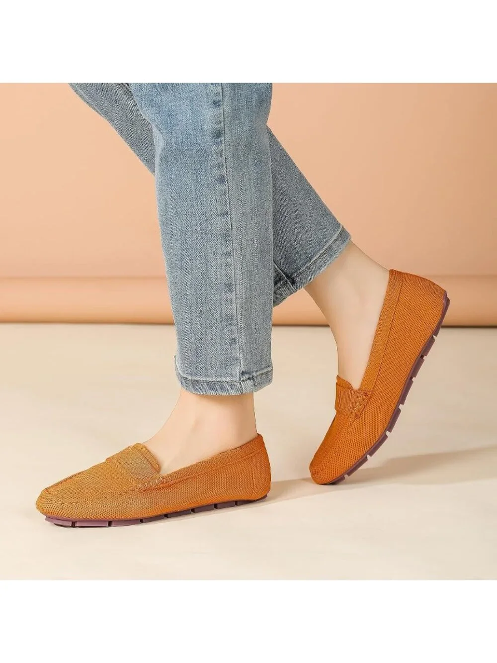 🆕Women's Orange Mesh fabric Loafer Shoes Comfortable Casual Flat Shoes